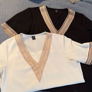 SHEIN Black and White V-Neck Lace Trim Blouses